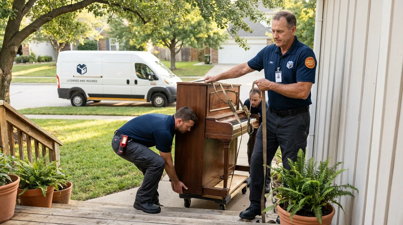 Licensed piano movers securing grand piano in Ucon, ID
