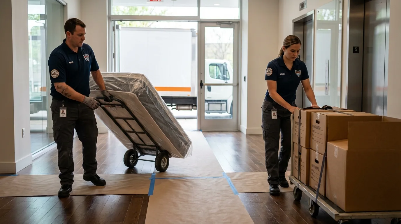 Professional apartment movers loading elevator in Ucon, ID